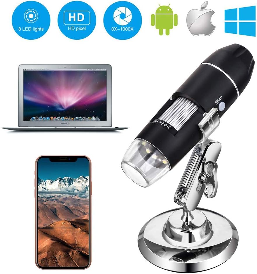 USB Microscope, with Metal Stand, 1000x Digital Handheld Microscope with 8 LED and 2 in 1 Micro USB Support for OTG Adapter, Android Smartphone, iPhone, Tablet, Widows by DigiHero Mini Camera
