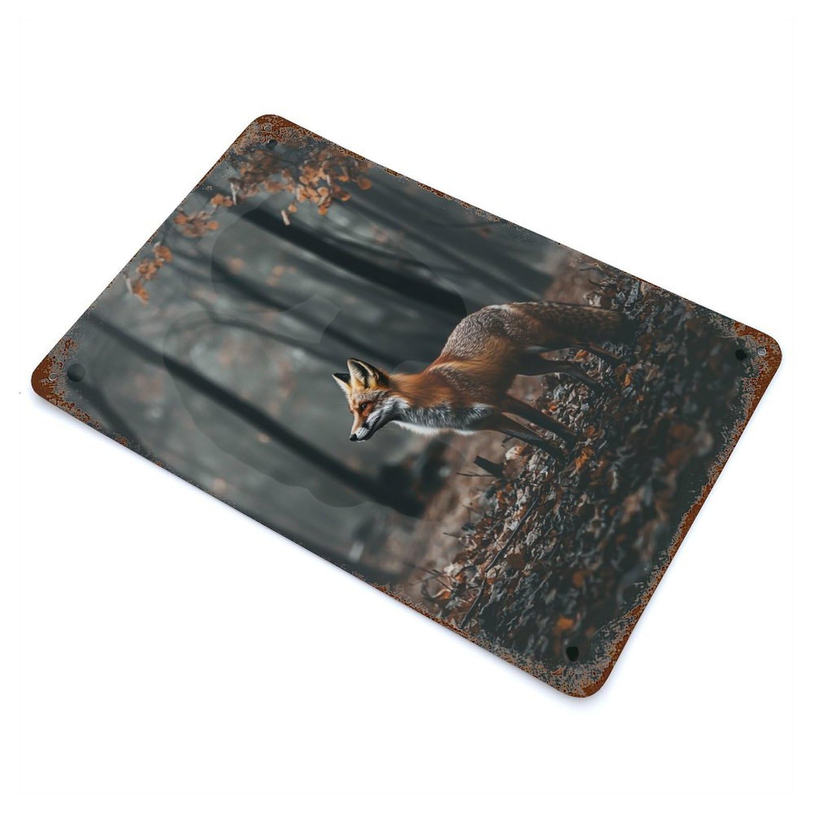 Rust Effect Tin Sign Red Fox in Forest 11.8"x7.9", Vintage Wall Decor for Basement, Hobby Room And Garage Decor