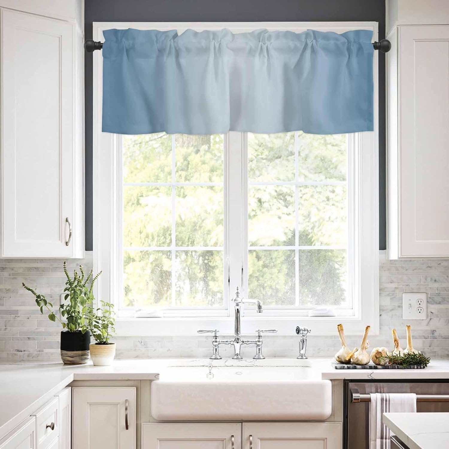 T&H XHome Haze Blue Ombre Valance Curtains for Kitchen Window Above Sink 60x18 Inch,Solid Color Gradient Blue Rod Pocket Short Curtain for Living Room Abstract Valances for Windows/Bathroom/Bedroom