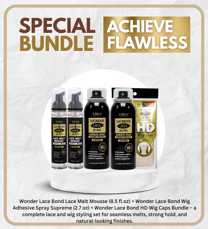 EBIN NEW YORK Ebin Lace Melting Spray – 2x Wonder LaceBond Lace Melt Mousse 8.5oz Bundle with 2x Wig Adhesive Spray Supreme 2.7oz and HD Wig Cap Secure Hold & Seamless Blending Gift Set (5 Items)