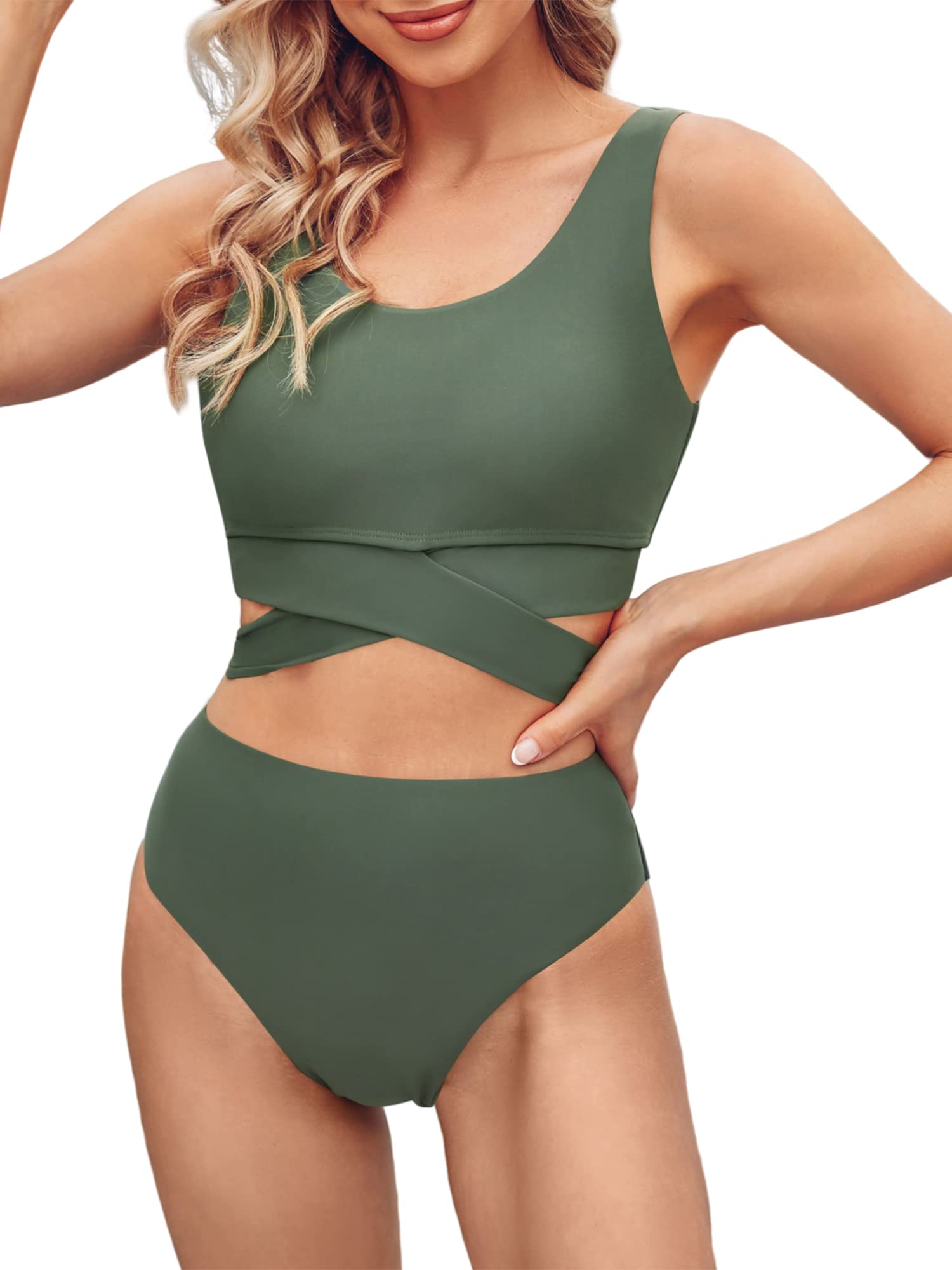 ZAFULZAFUL Women's Scoop Neck High Waisted Bikini Set Wrap Criss Cross Bandage Swimsuits Sporty Two Piece Bathing Suit