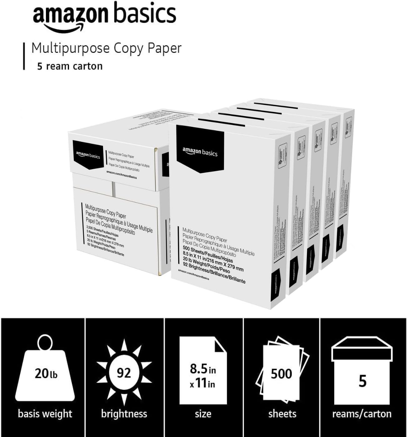 Amazon Basics Versatile Printer Paper – 20 lb, 8.5x11, 2500 Sheets, 92...