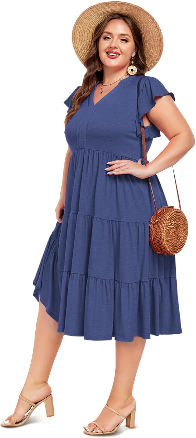 Moon Wood Womens Plus Size V Neck Ruffle Midi Dress 2025 Summer Casual Flowy Tiered Dresses with Pockets - Image 4