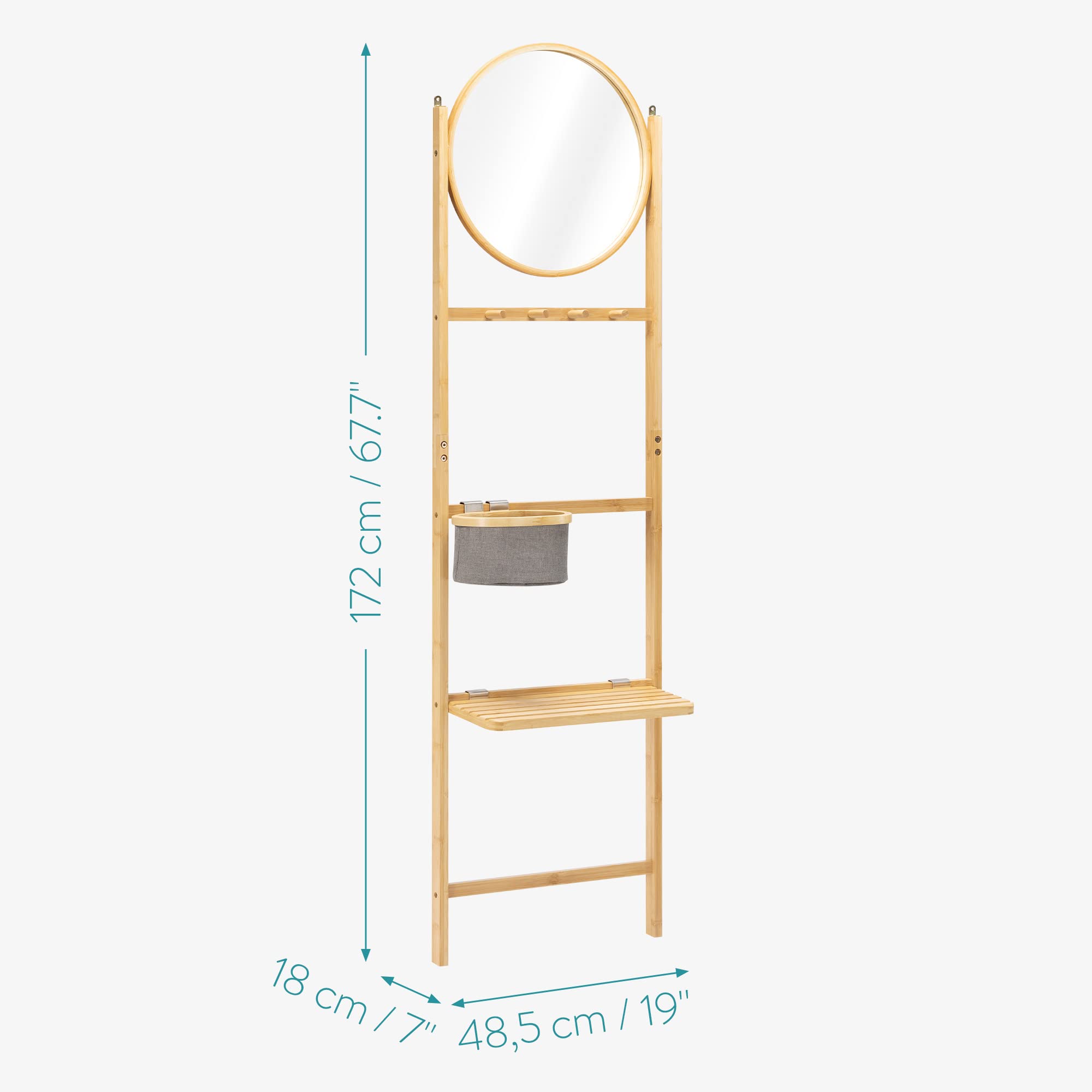 Navaris Porte Serviette Miroir - Ensemble en Bambou 48,5 x 18 x 172 cm avec échelle et Panier - pour Salle de Bain Chambre entrée vêtements Vestes