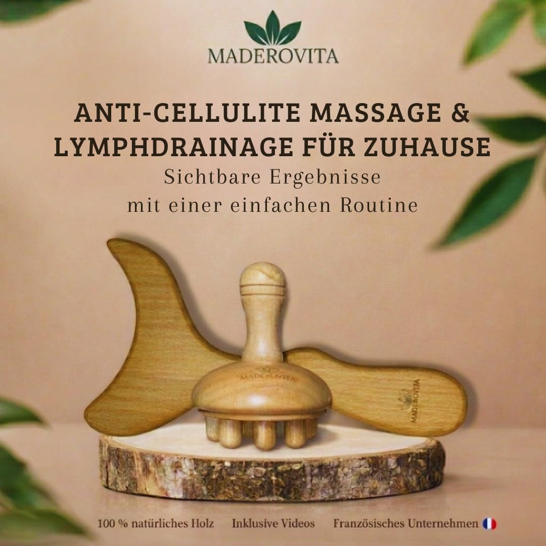 Maderotherapie Set Holz – Anti Cellulite Massage & Lymphdrainage Massagegerät – Körpermassage für Bauch Beine Po – inkl. Videoanleitungen – MADEROVITA