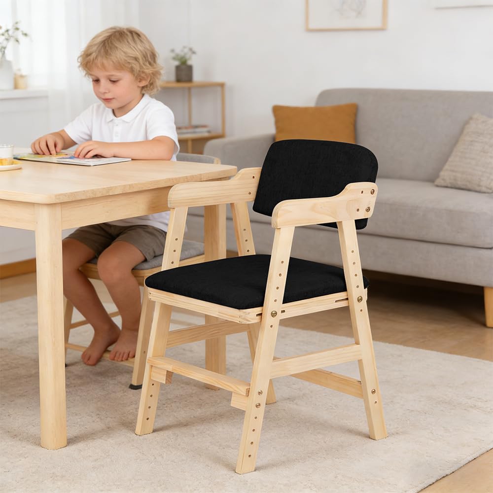 Chaise Haute Bébé-Barre de Sécurité,Chaise Haute en Bois, Hauteurs Réglables Stable Chaise Supporte 90KG pour Bébés, Avec Coussin d'Assise, Enfants et Adultes 48 x 46 x 78 cm – Noir (1 pièce)