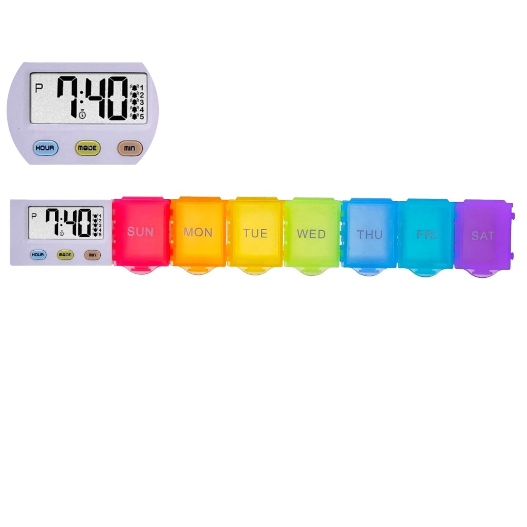 [4 in 1] 7 Day Pill Organizer + 5 Alarms + Timer + Clock, Large Compartments, Loud Sound, Large Screen, Moisture-Proof Design,Can Hold Vitamins,Fish Oil,Weekly Pill Box/Cases,Daily Medicine Dispenser 7 Compartments with Alarms _