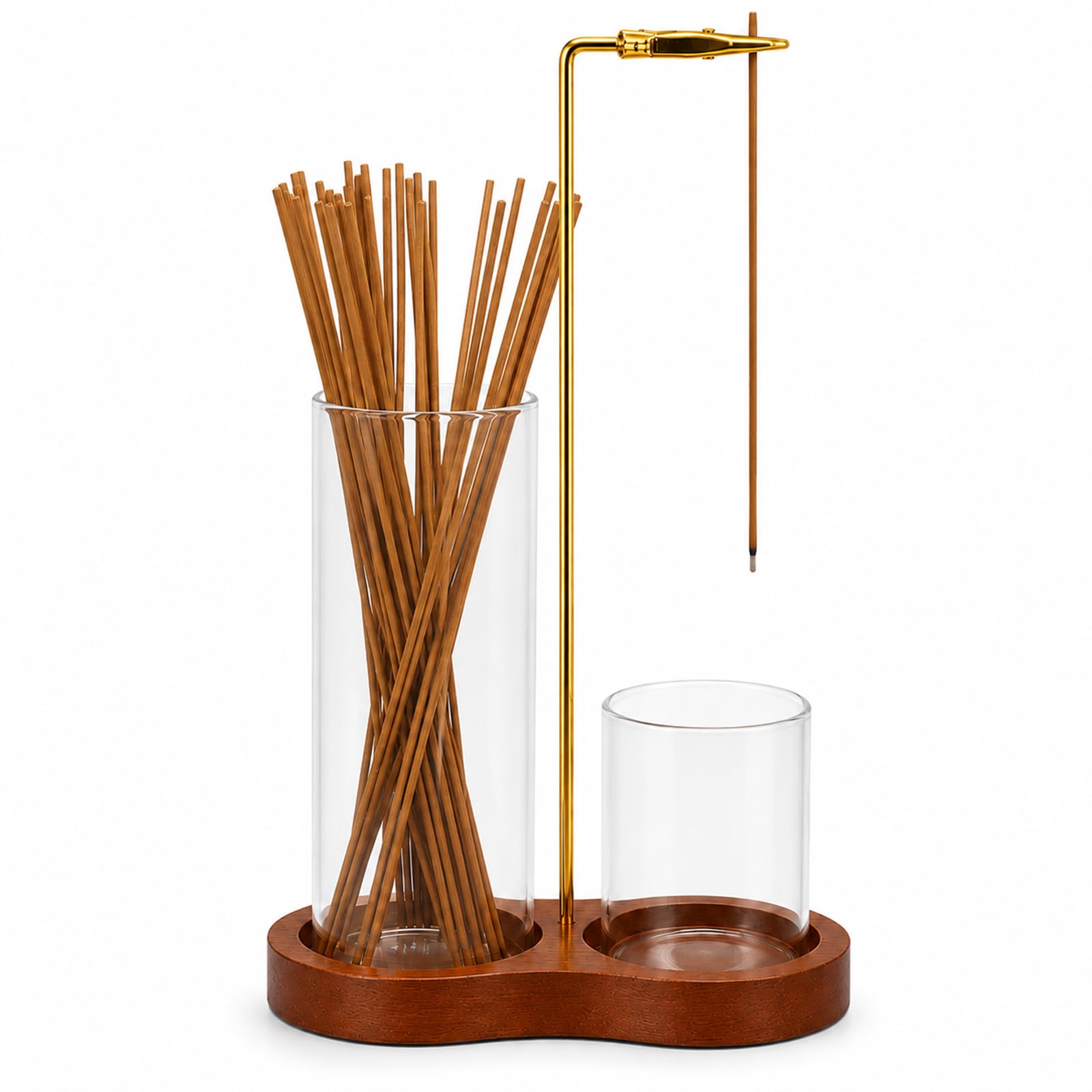 Wooden Incense Sticks Holder with Removable Glass Ash Catcher Upside Down Incense Burner Holder for Yoga, Spa, Tea, Zen Meditation (Brown)