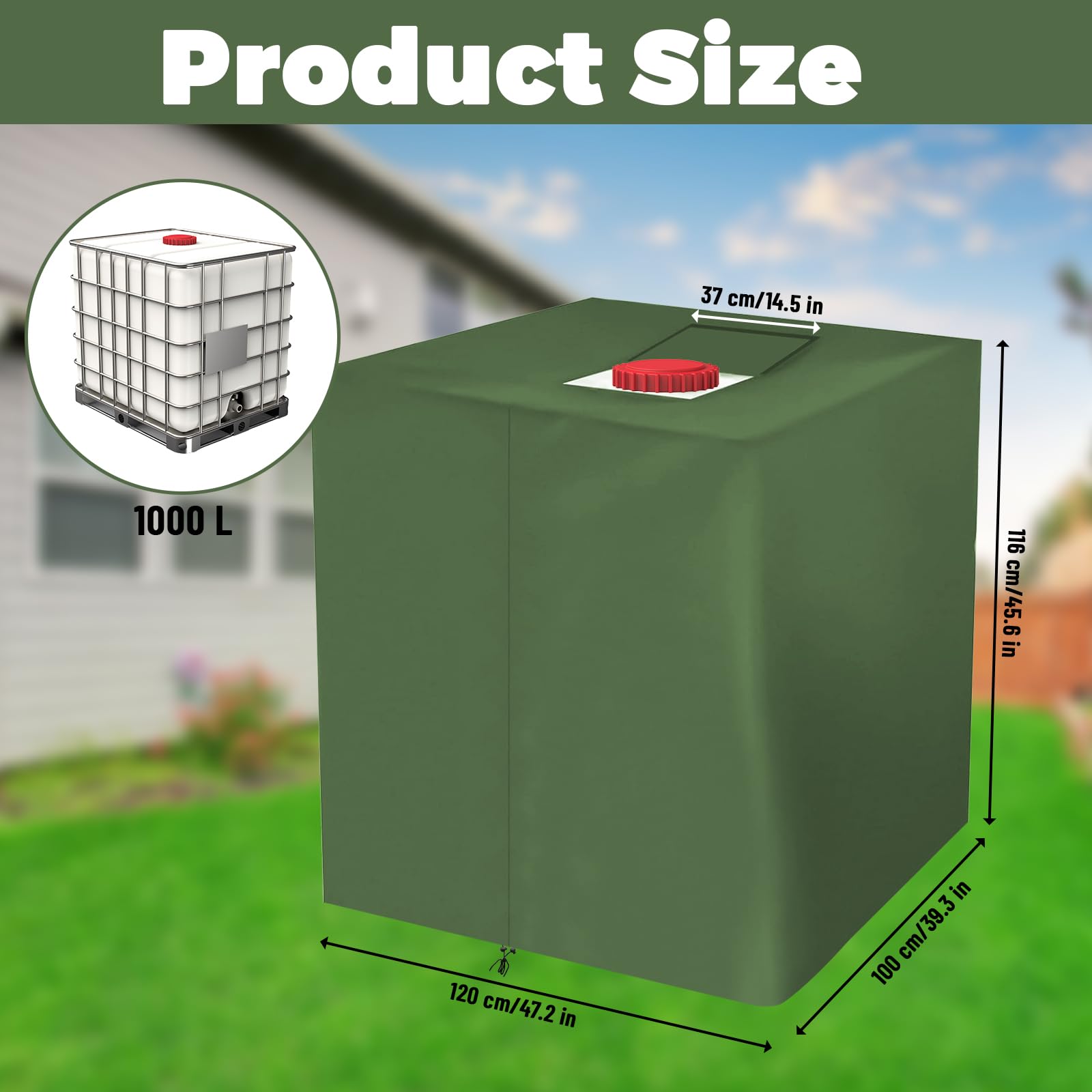 Pokrywa na zbiornik IBC 1000L – Wodoodporna osłona UV do zbiornika wodnego i kontenera IBC 420D – Plandeka z zamkiem błyskawicznym 120x100x116 cm (Zielony)