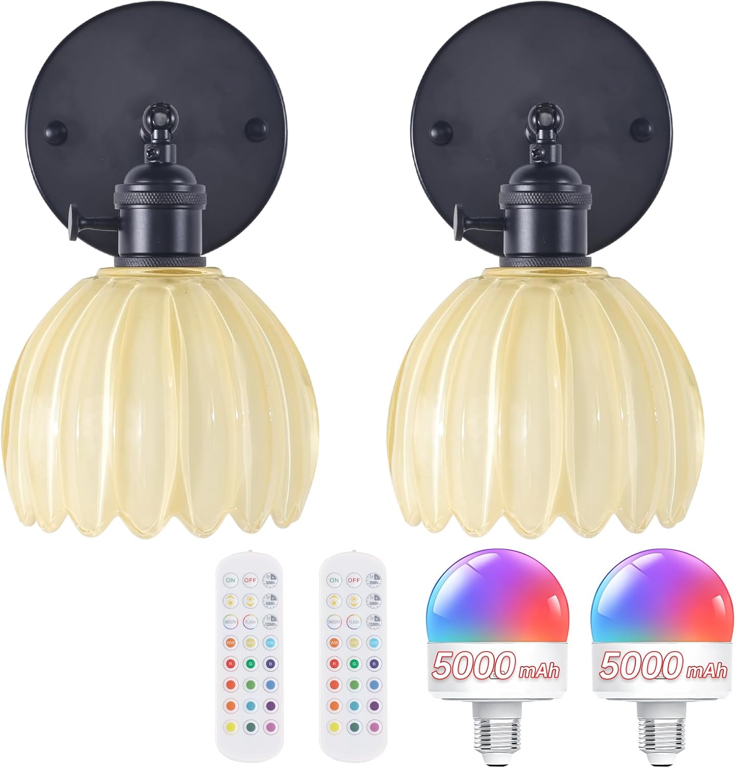 Vintage 5000 mAh Battery Operated Wall Sconce with Pastel Yellow Tulip Glass Lampshade Rechargeable Battery Powered Wall Light with Remote Control for Bedroom Doorway, Set of 2