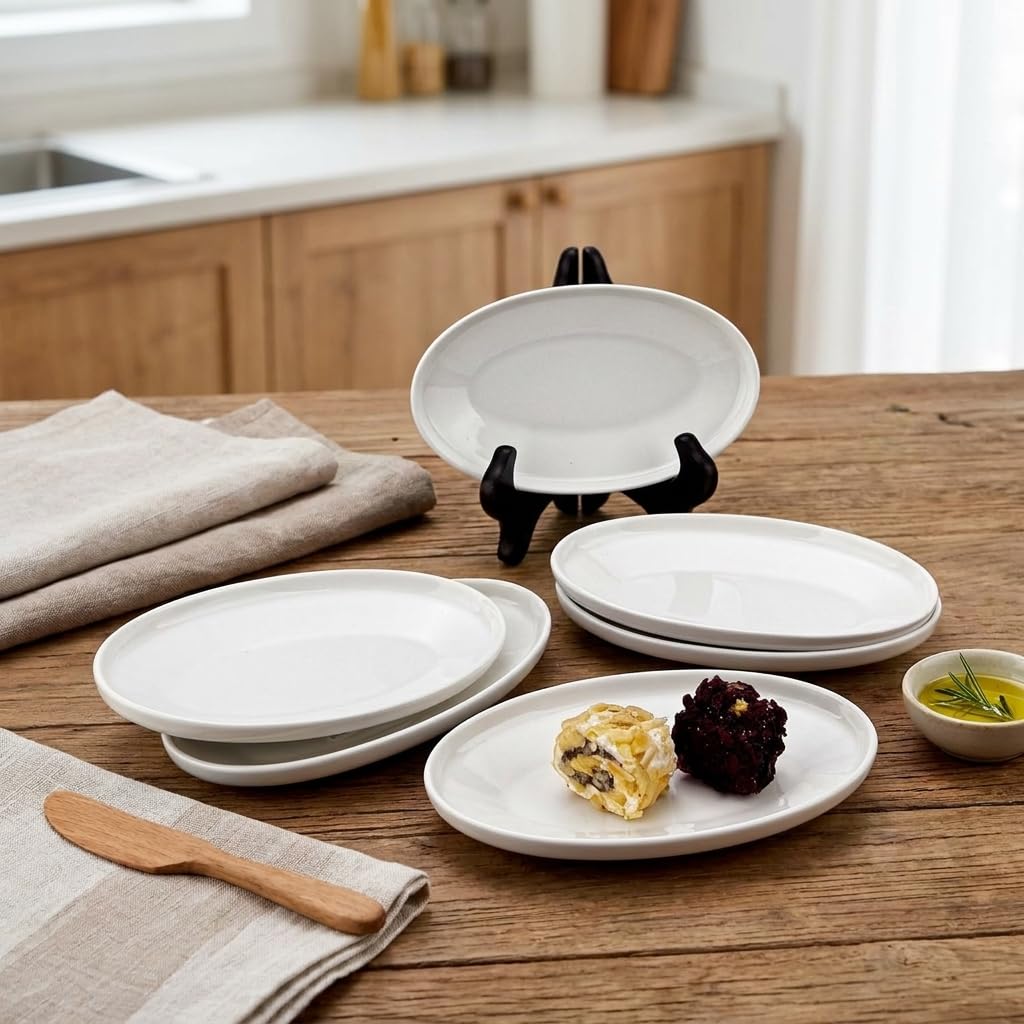Deconox 6'lı Porselen Küçük Boy Oval Tabak Seti - Minimalist Beyaz Sunum Tabağı Kahvaltılık Mezelik ve Sosluk Servis Takımı (16 x 9,7 x 2,2 cm)