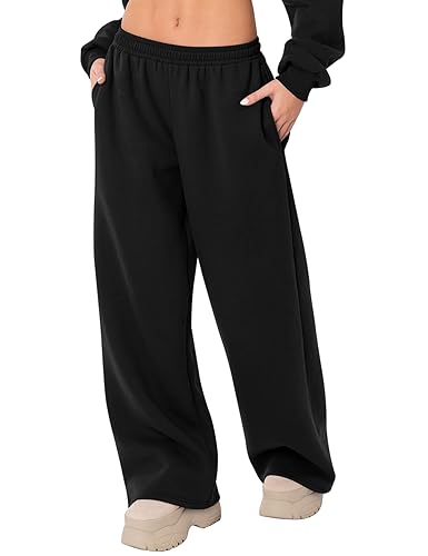 LOMON Wide Leg Sweatpants Women Fleece Sweat Pants - Black - Medium