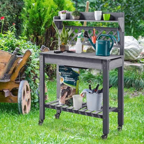 Image of Yaheetech Outdoor Potting Bench with Sink, Garden Table, Lower Shelf,Gray