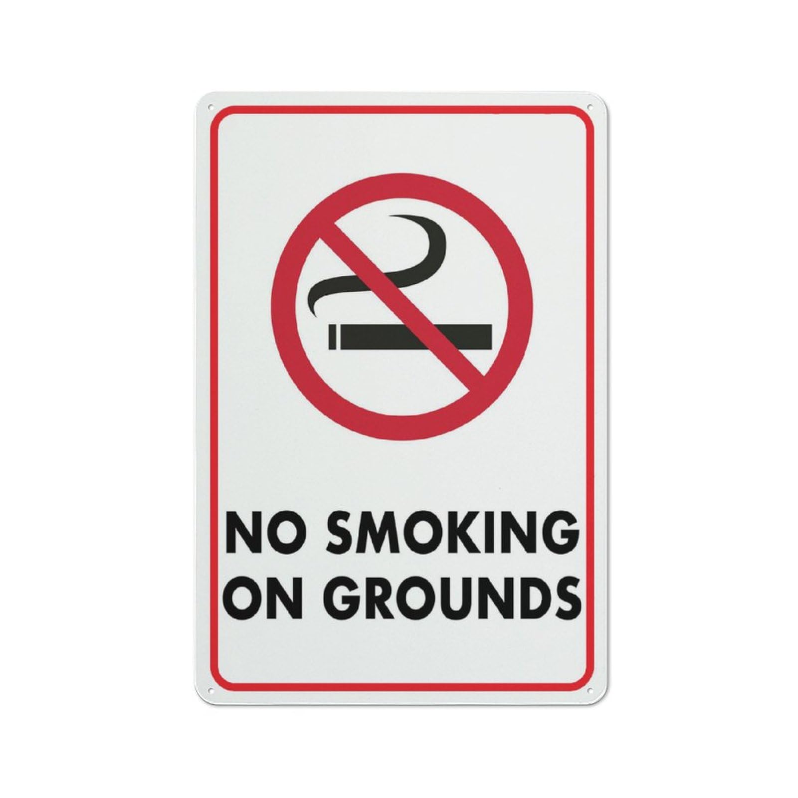 No Smoking On Grounds Sign, 8x12 Inch Metal Aluminum, Pre-Drilled Holes for Easy Mounting, Indoor/Outdoor Use for Fence, Door, Gate