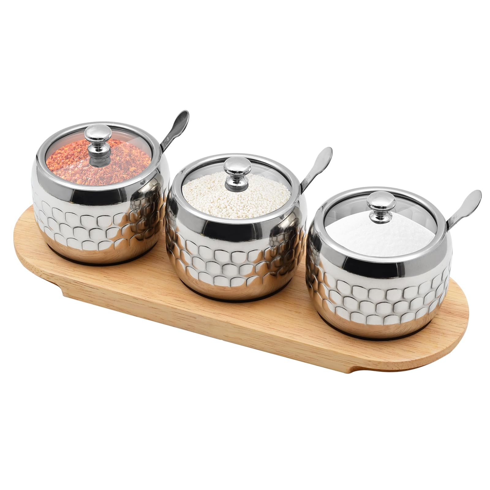 BSDLZCH 3pcs/set Stainless Steel Sugar Bowl Coffee Seasoning Jar Condiment Pot Spice Container Canister Cruet with Glass Lid and Spoon