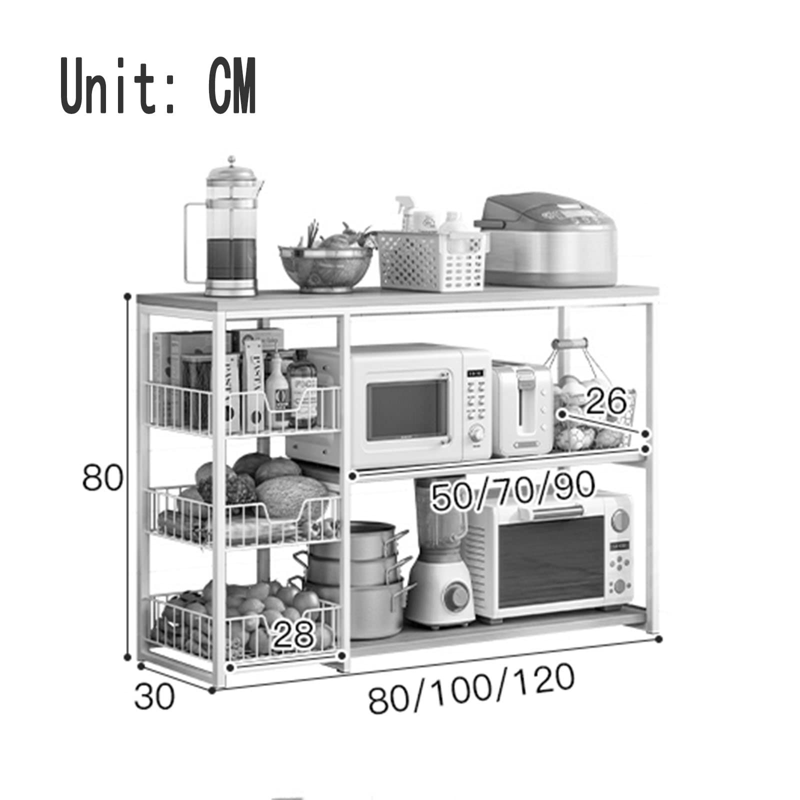 Scaffale da cucina in acciaio nero a 3 ripiani per una perfetta cucina nization 100 cm di altezza, ideale per riporre e cucinare gli oggetti essenziali