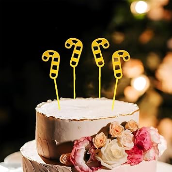 Pop The Party 4 pcs Gold Candy Cupcake Toppers Acrylic Cake Toppers Picks for Wedding Birthday Baby Shower Christmas Party Decorations Supplies (Candy Christmas Cake Topper Gold)