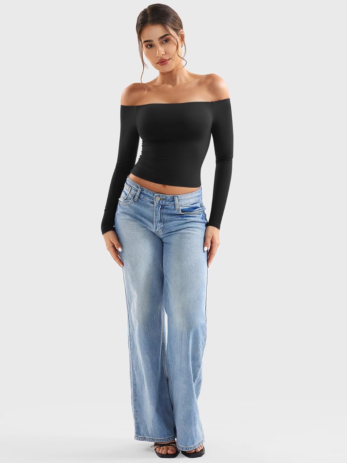 YEOREO Sophie Women Off Shoulder Long Sleeve Shirts Double Lined Basic Undershirt Y2K Going Out Tops - Image 5