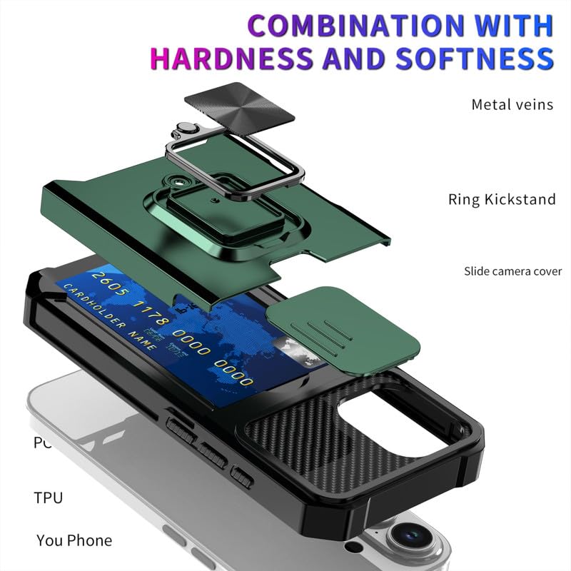 Image of LuxuryKase Shockproof Armor Case for iPhone 17 | Slide Camera Cover | Hidden Card Slot | Rotating Ring Kickstand | Magnetic Car Mount Support | Military Grade Protection - Green