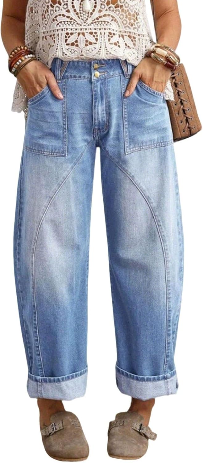 loveimgs Women Baggy Barrel Jeans Mid Rise Wide Leg Jeans Y2k Cropped Denim Ankle Pants Boyfriend Sweatpants Trousers Pockets