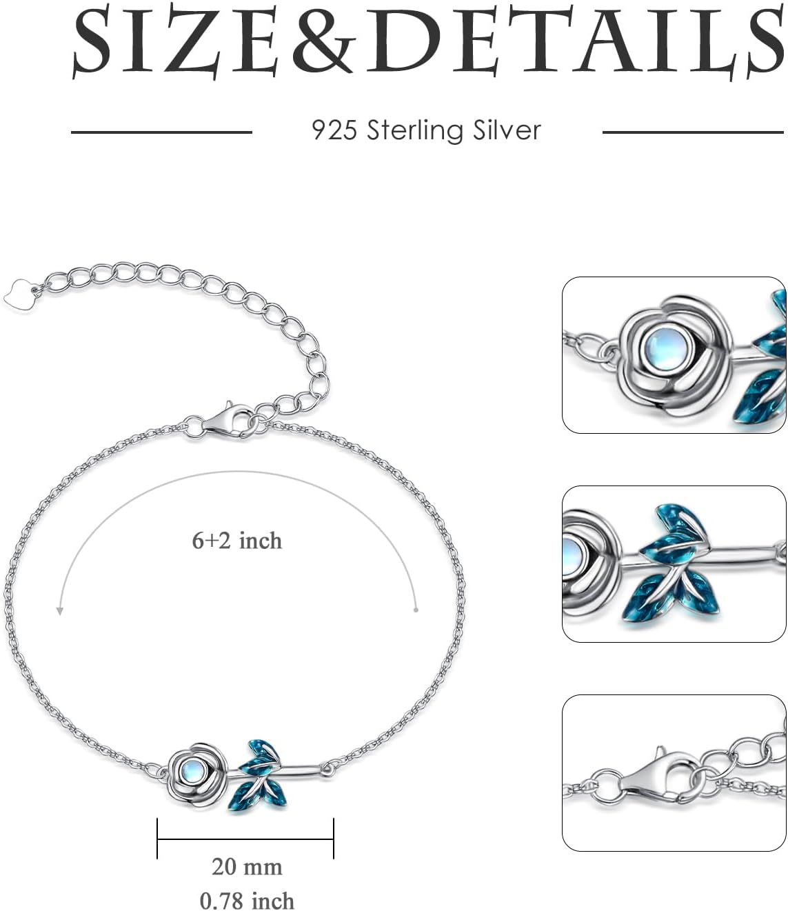Moonstone Rose Bracelet - 925 Sterling Silver Rose Jewelry for Women