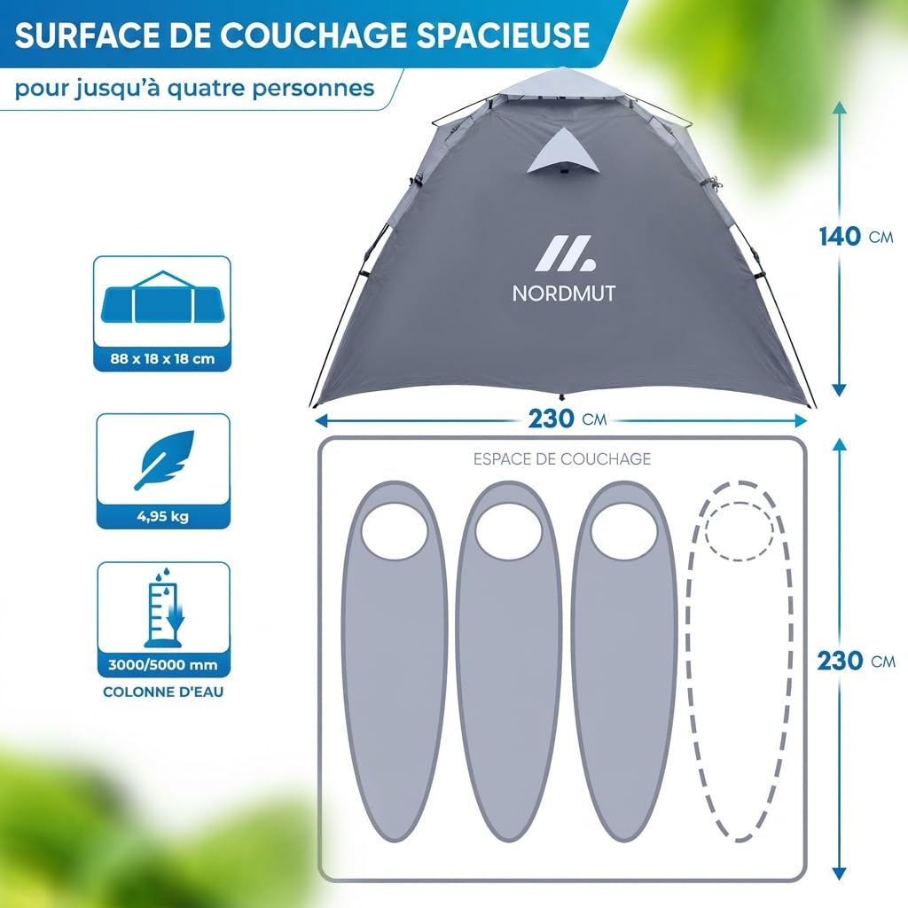 NORDMUT® Tente Pop-Up 2-4 Personnes – Montage Instantané, Étanche & Protection UV – Tente de Camping avec Excellente Circulation de l’Air