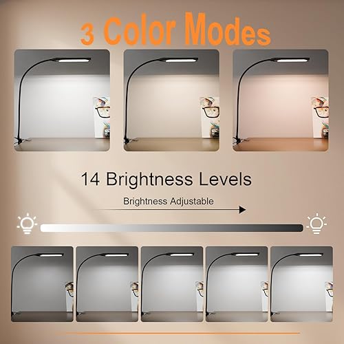 Miniatura 3 de Lámpara de escritorio con clip, lámpara de escritorio LED, 3 modos de color, 14 brillos regulables, lámpara de mesa con clip de metal, brazo