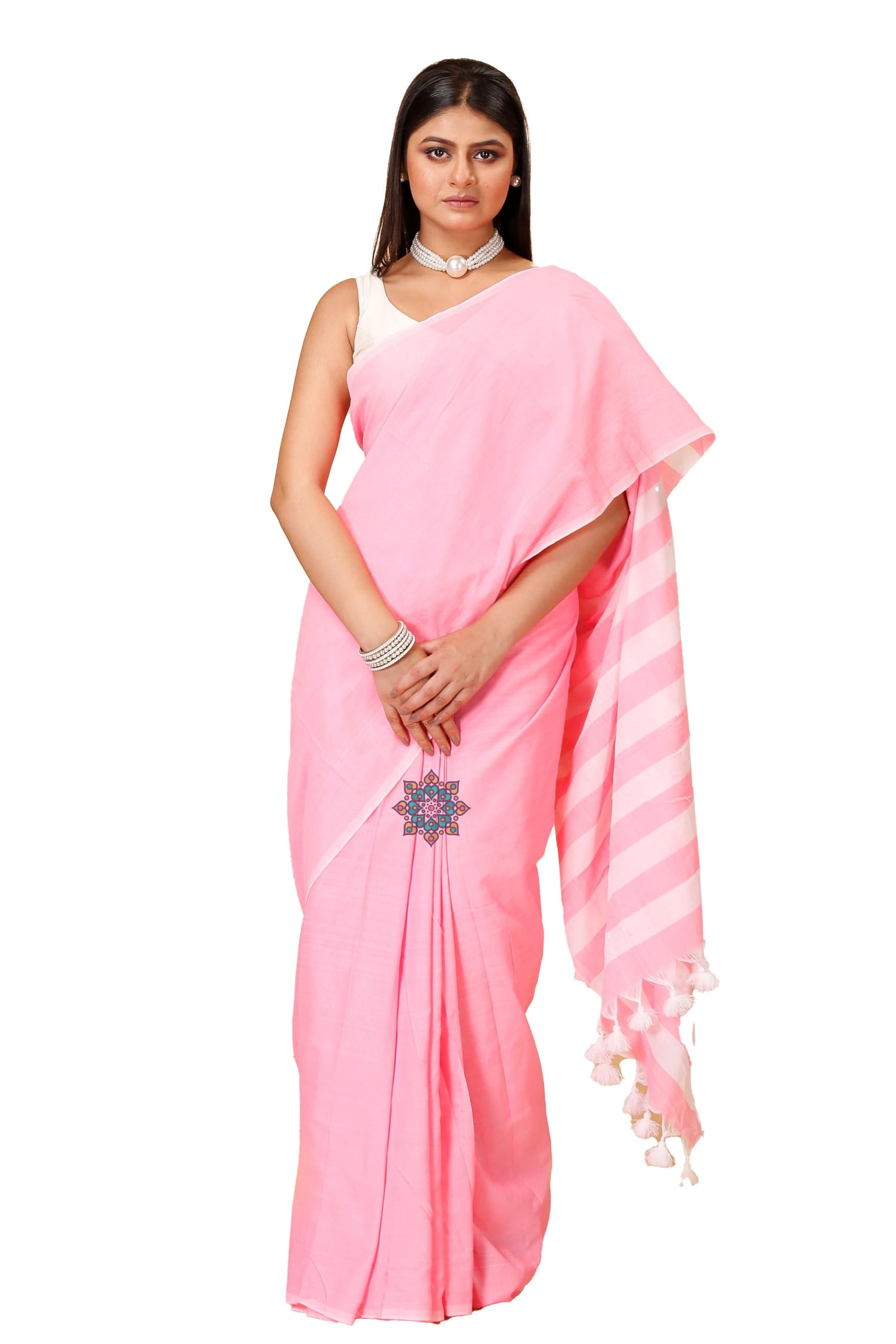 anchol Women's Bengal Premium Cotton Saree with Blouse Piece | Traditional White Striped Pallu Pattern | Soft Lightweight Ethnic Saree-picture-41
