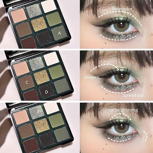 Miniatura 5 de AMY'S DIARY Paleta de maquillaje de ojos con purpurina mate verde oscuro claro, 9 colores fríos maquillaje paleta de sombra de ojos verde