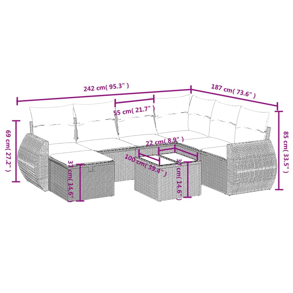 Conjunto de sofás de jardín, muebles modulares con mesa de vidrio templado, ratán PE y acero, esquinero negro para terraza o patio