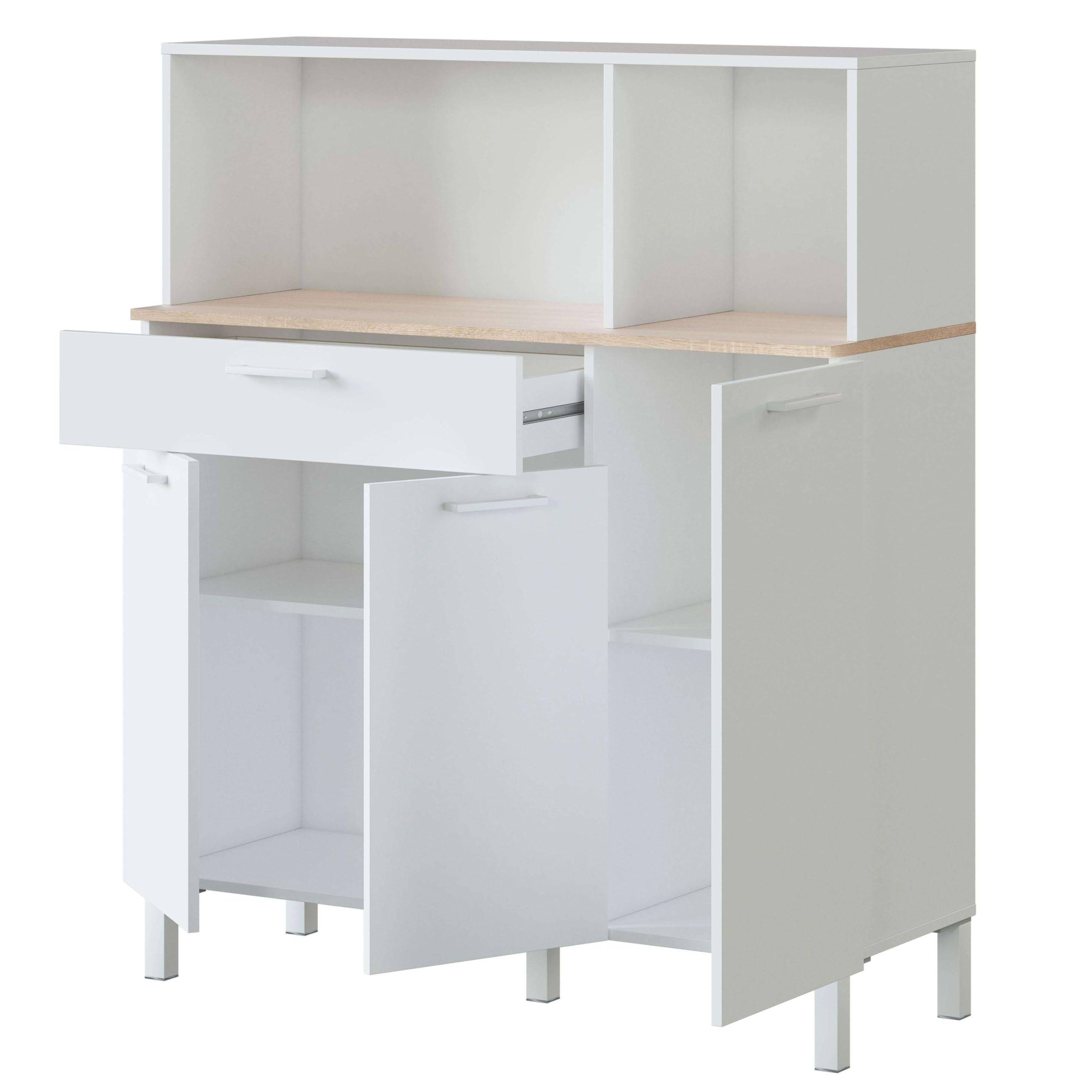 Habitdesign Alacena de Cocina, Aparador Comedor, Mueble Auxiliar 3 Puertas + 1 Cajon y Estante Interior, Color Blanco Artik y Roble Canadian, Medidas: 108 (Ancho) x 126 (Alto) x 40 (Fondo) En cm