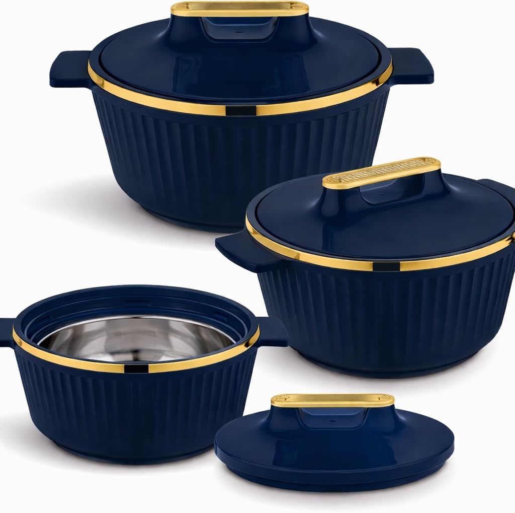 T TABAKH Fancy 3pc Set 2500ml+3500ml+5000ml Insulated Casserole Dish with Lid Hot Pot Food Warmer/Cooler - Thermal Soup, Salad Serving Bowl - Stainless Steel Container - Keeps Food Hot & Cold (Green)