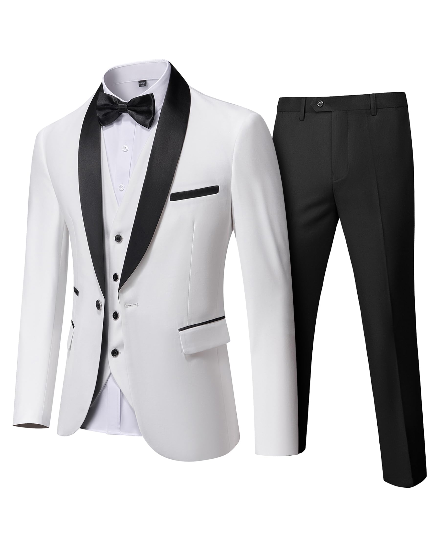 YND Men's 3 Piece Slim Fit Tuxedo Set, One Button Shawl Collar Solid Jacket Vest Pants with Bow Tie