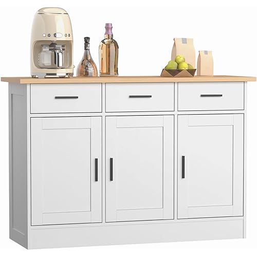 Buffet Cabinet with Storage - Buffets & Sideboards Kitchen Storage Cabinet, Wood Console Table Coffee Bar Accent Cabinets for Living Room Dining Room Entryway White Large 3 Doors & Drawers