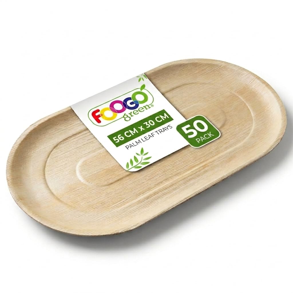 FOOGO Green 50 Vassoi Monouso Foglia di Palma, Ovali 56x30cm, Pizza | Biodegradabili e compostabili, resistenti a cibi caldi e unti, finitura naturale, per buffet, pizza e aperitivi