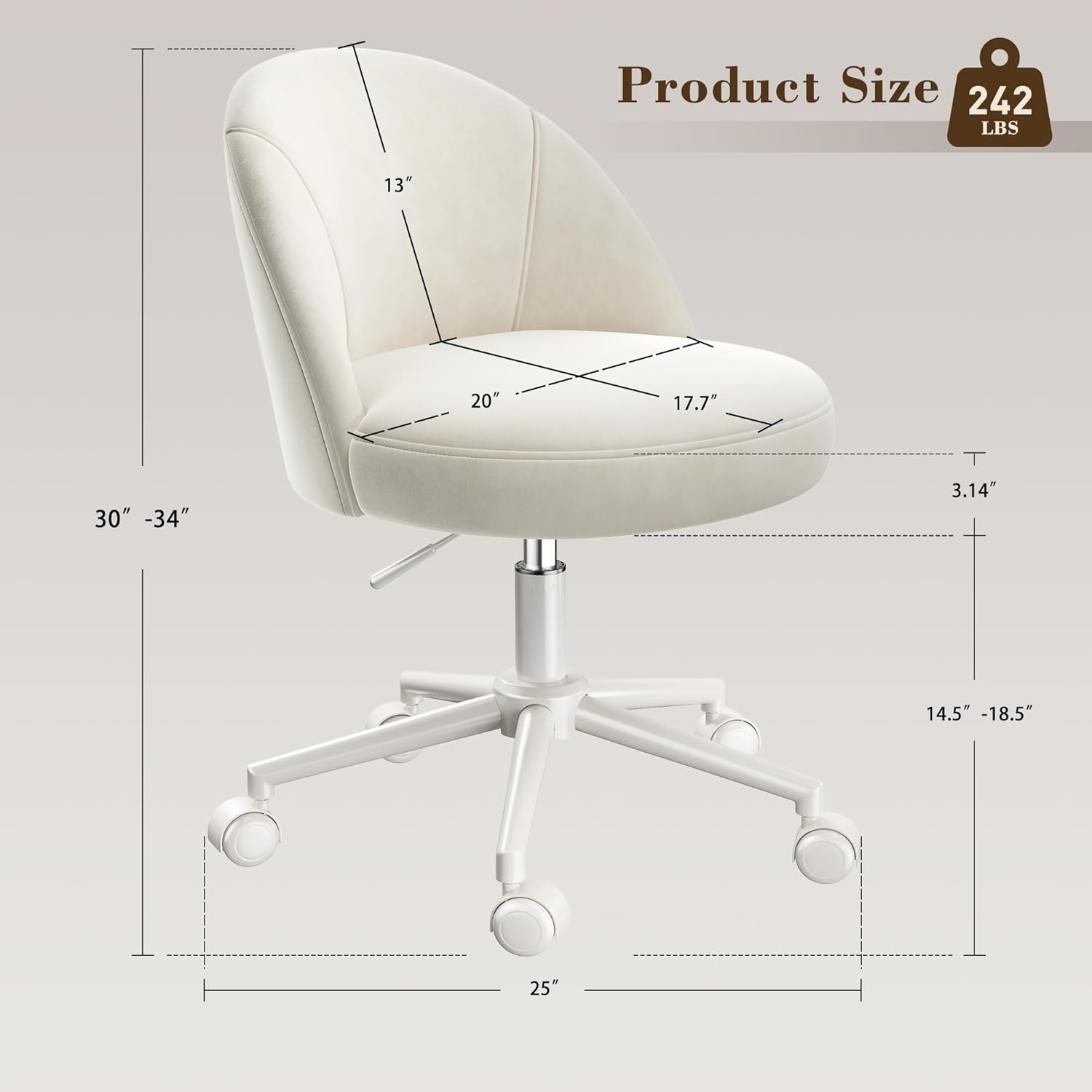 EnHomee Vanity Chair with Wheels, Small Office Chair with Back, Cute Armless Desk Chair for Makeup Room, Home Office,Bedroom, White