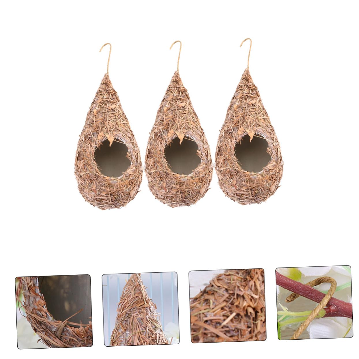 Casa Colgante para Pájaros Artificial de Paja 3 Piezas | Forma de Gota, para Exterior E Interior, Mezcla Paja-plástico, Refugio Decorativo Tejido a Mano