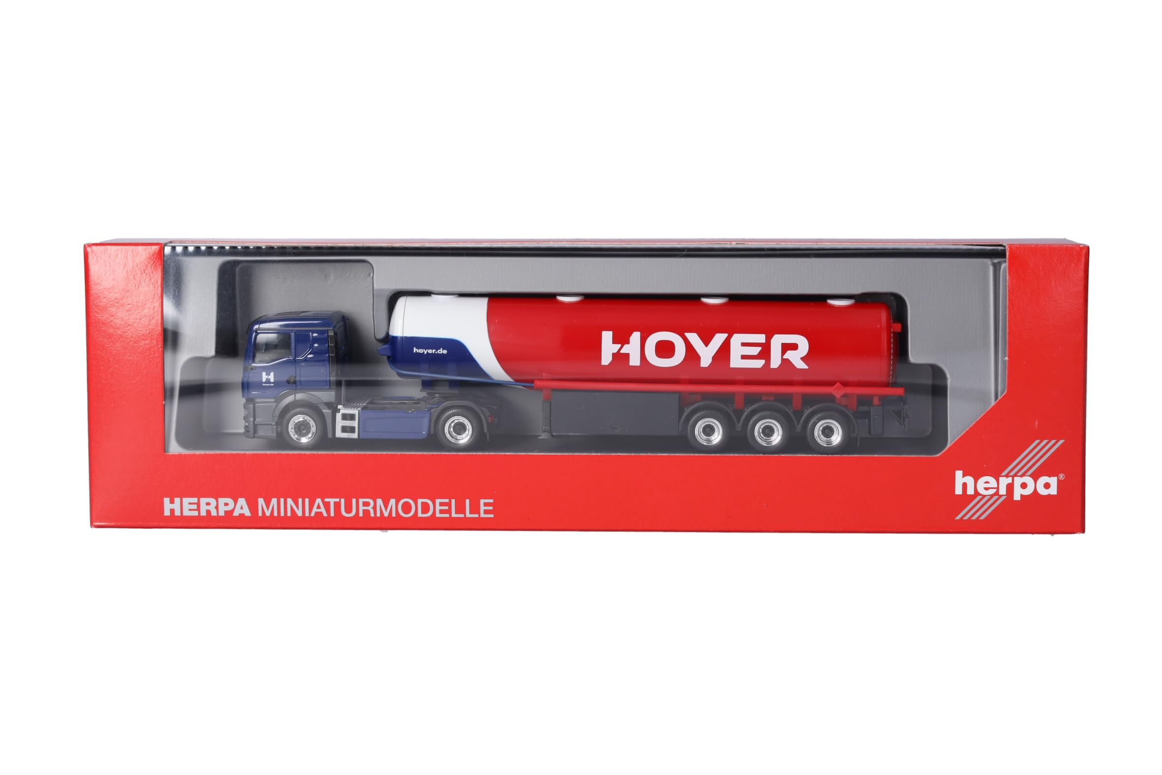 Herpa model ciężarówki MAN TGS TN naczepa na zbiornik paliwa "Hoyer", miniaturowa skala 1:87, przedmiot kolekcjonerski, Made in Germany, tworzywo sztuczne
