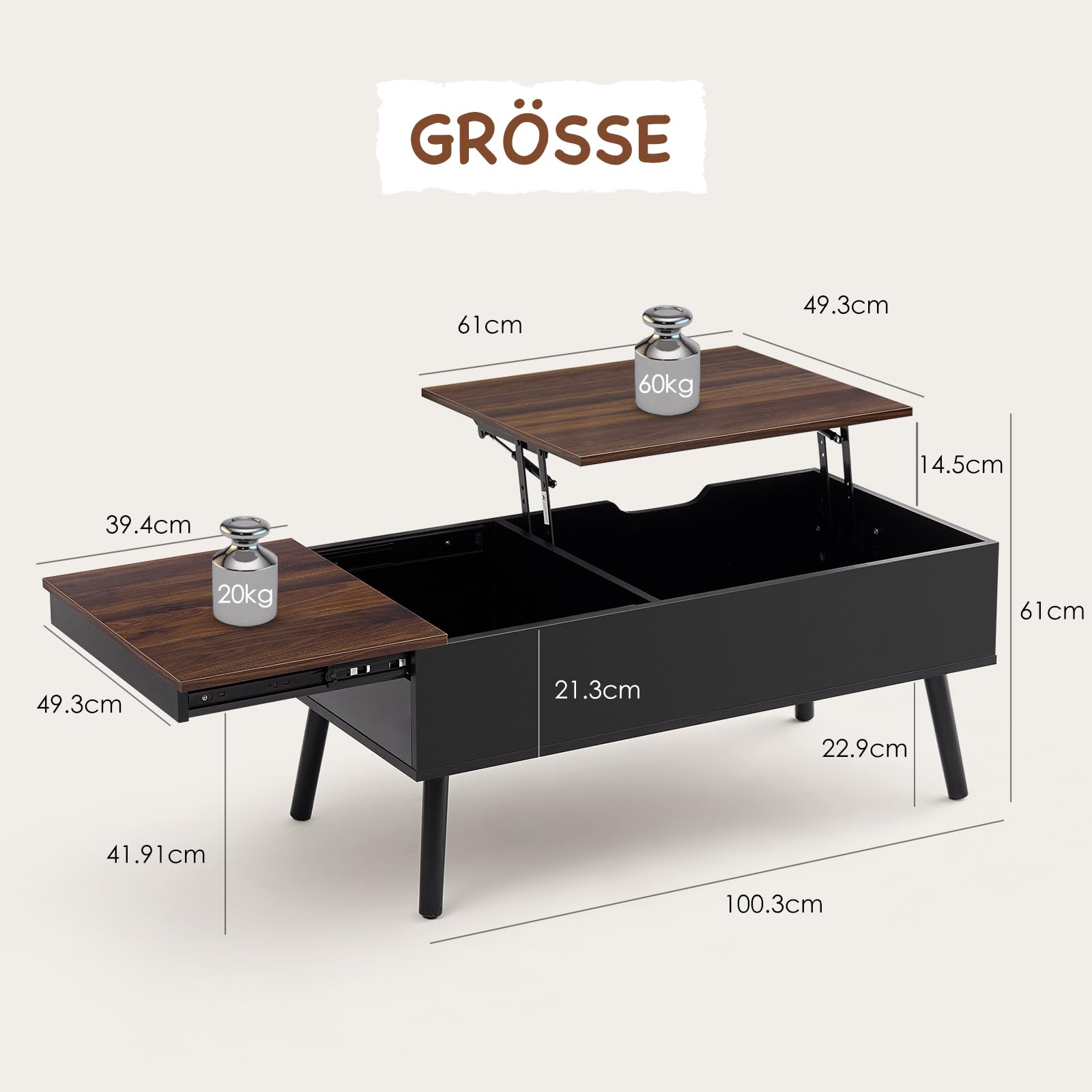 Couchtisch Höhenverstellbar mit Schiebeplatte, Couchtisch mit Stauraum, Modern Wohnzimmertisch mit 2 Großen Versteckten Ablagefächern, 100 x 50 x 43.5 cm (Braun)