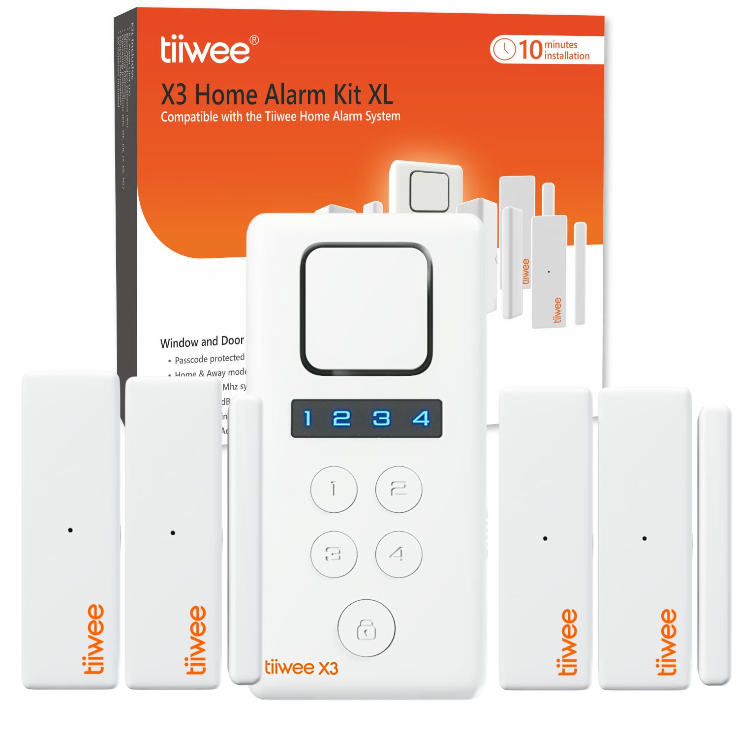 tiiwee X3-XL Allarme per la Casa - Sirena forte da 120 dB, 4 Sensori per Porte e Finestre - Nessun Telecomando Richiesto