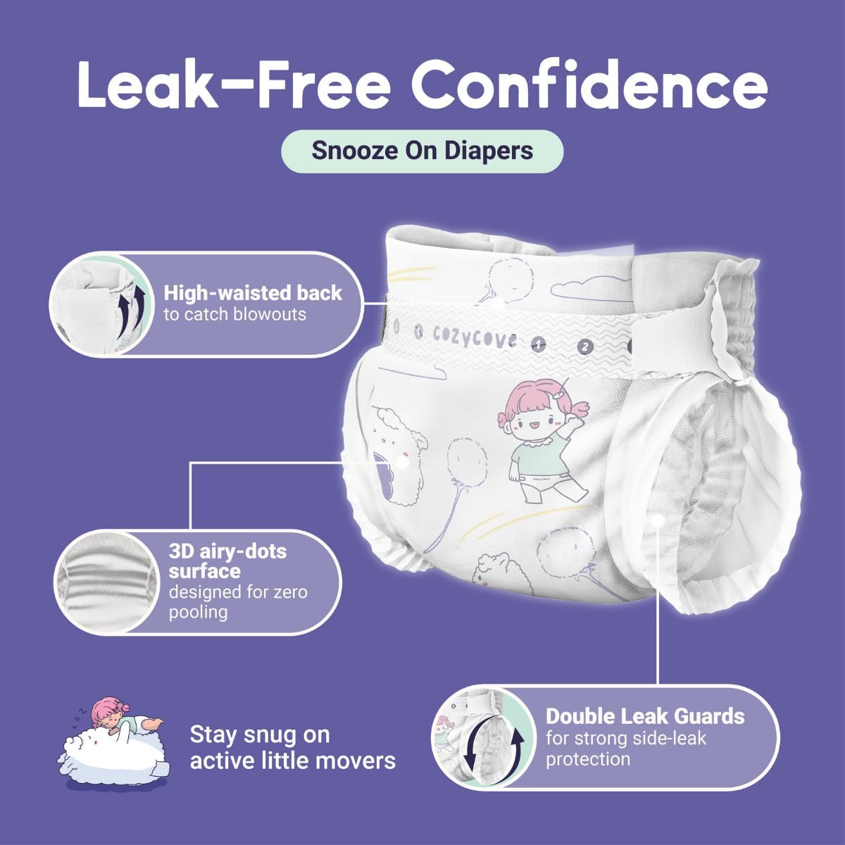 Cozycove Size 4 L (22-33 lbs) Diapers, 80 Count, Totally Chlorine Free, Skin-Friendly Material | Snooze On Slim Overnight Tape Disposable Diapers | 4 Bags of 20