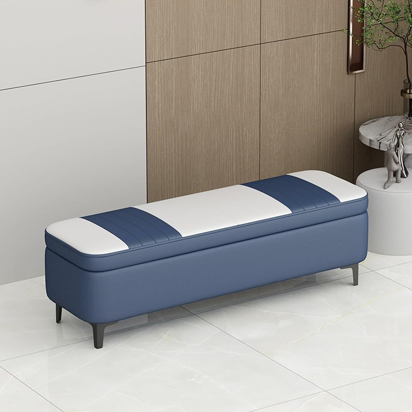 Banc de rangement bleu foncé avec coussin rembourré moderne 60 cm