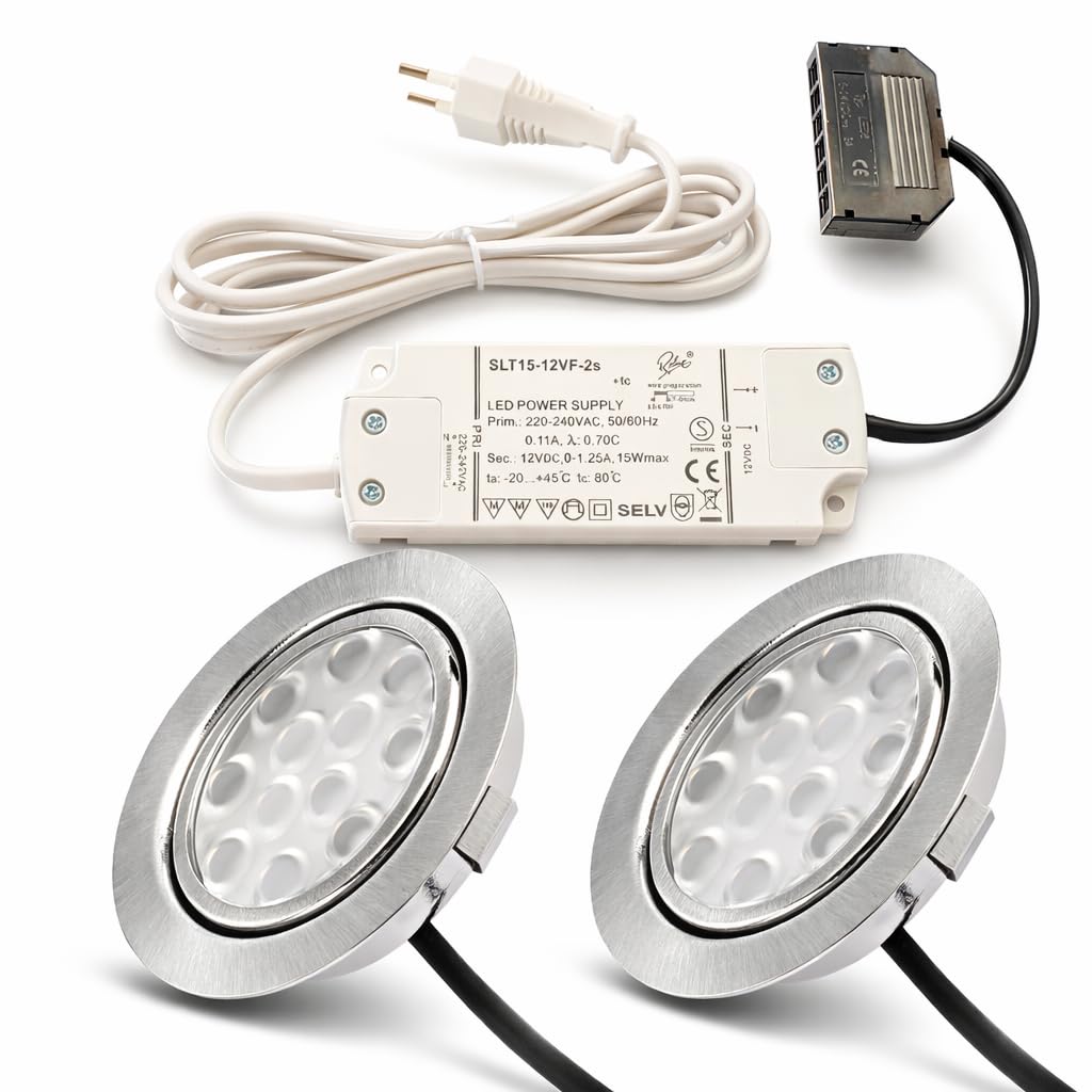 2 x 3W LED Möbeleinbauleuchten 12V super flach 65mm Einbaustrahler Leonie mit LED Trafo und 230V Zuleitung 3000K Warmweiß Lochausschnitt: 55 bis 60mm