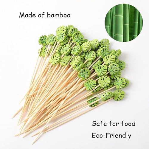120 Pcs Monstera Leaf Cocktail Picks 4.7\" Drinks Fruits Hawaiian Party Food Garnish Skewer Sticks St. Patrick\'s Day Decorations Supplies Cowboy Handmade Bamboo Toothpicks