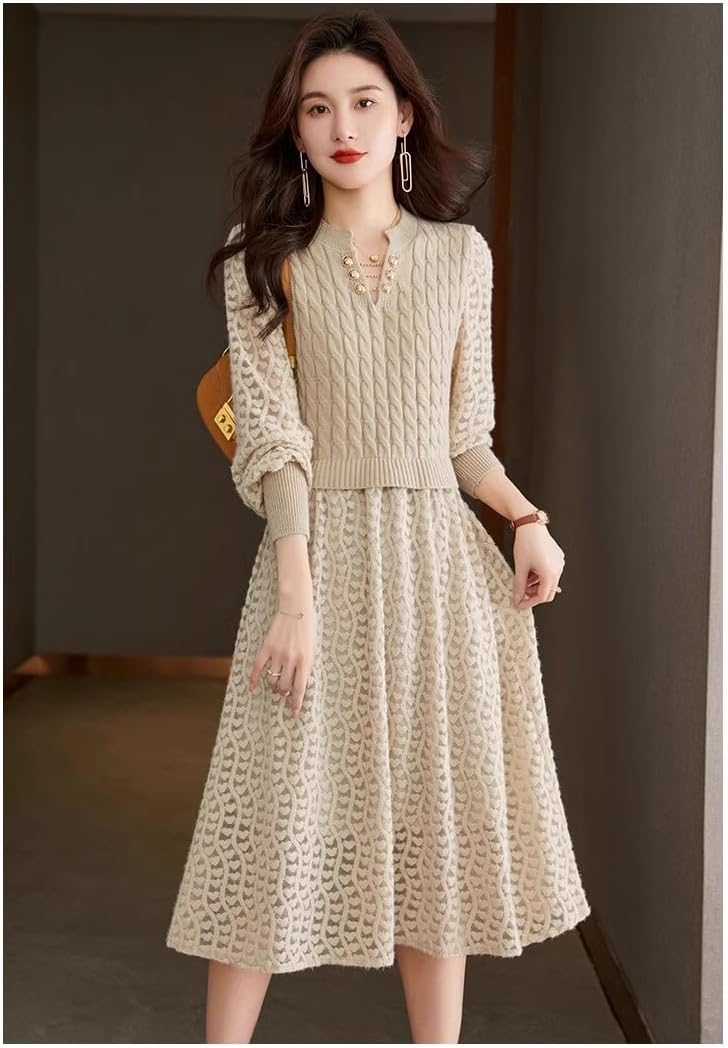 LIXINGHEITANG Style Spliced ​​ Two- mid-Length Dress with Slim Skirt Knitted for Women