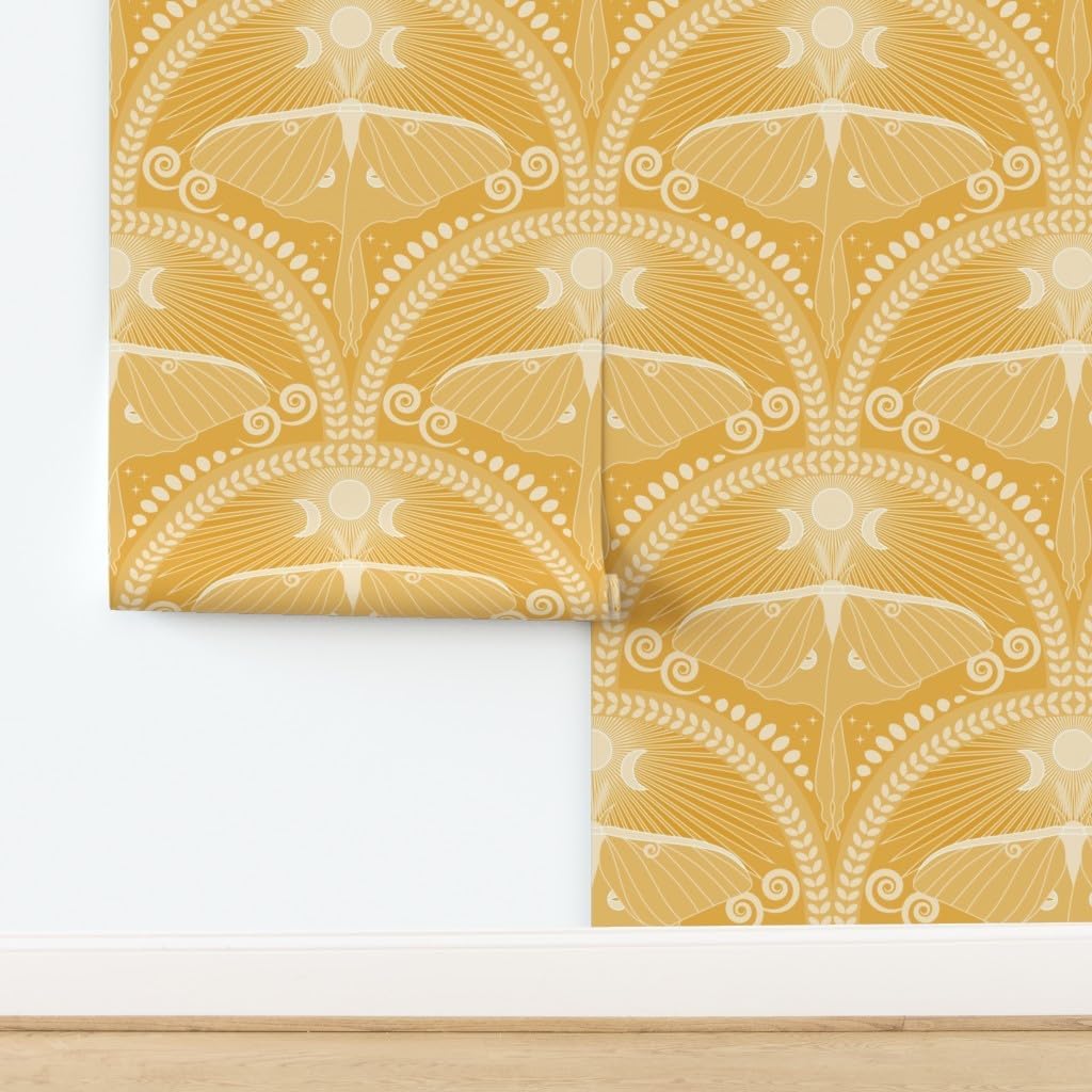 Spoonflower Removable Wallpaper Swatch - Golden Luna Moth Art Deco Monochrome Moon Boho Bohemian Custom Pre-Pasted Wallpaper