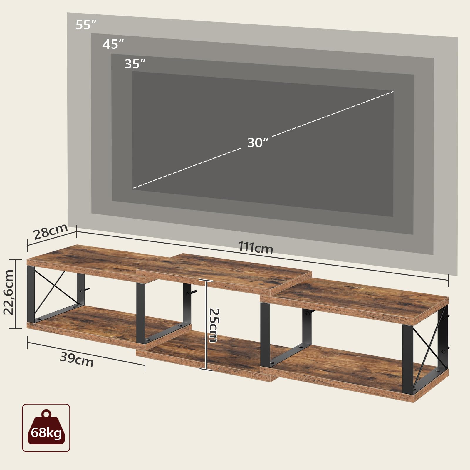Mobile TV Sospeso A Parete - Console Multimediale Con Mensole - Stile Vintage Marrone - Foto 7