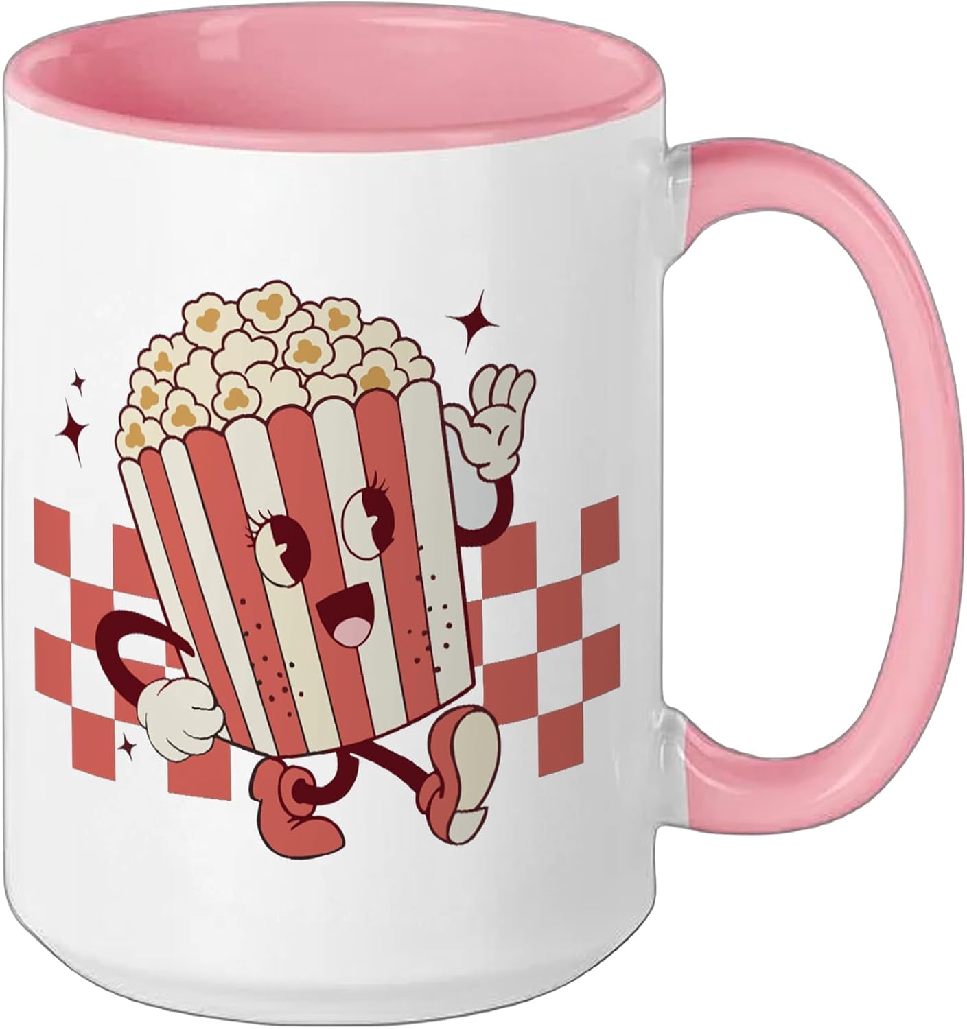Funny Cartoon Popcorn Bucket Snack Movie Lover Ceramic Mug, Pink/White, 15oz image 2