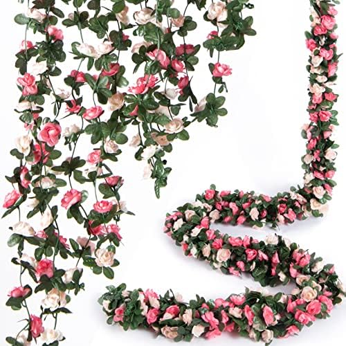PONKING 8 Pcs 66FT Flower Garland, Artificial Rose Vine Flowers with Green Leaves, Hanging Fake Roses Vine for Room Anniversary Wedding Birthday Christmas Wall Arch Decor, Spring Pink Flower