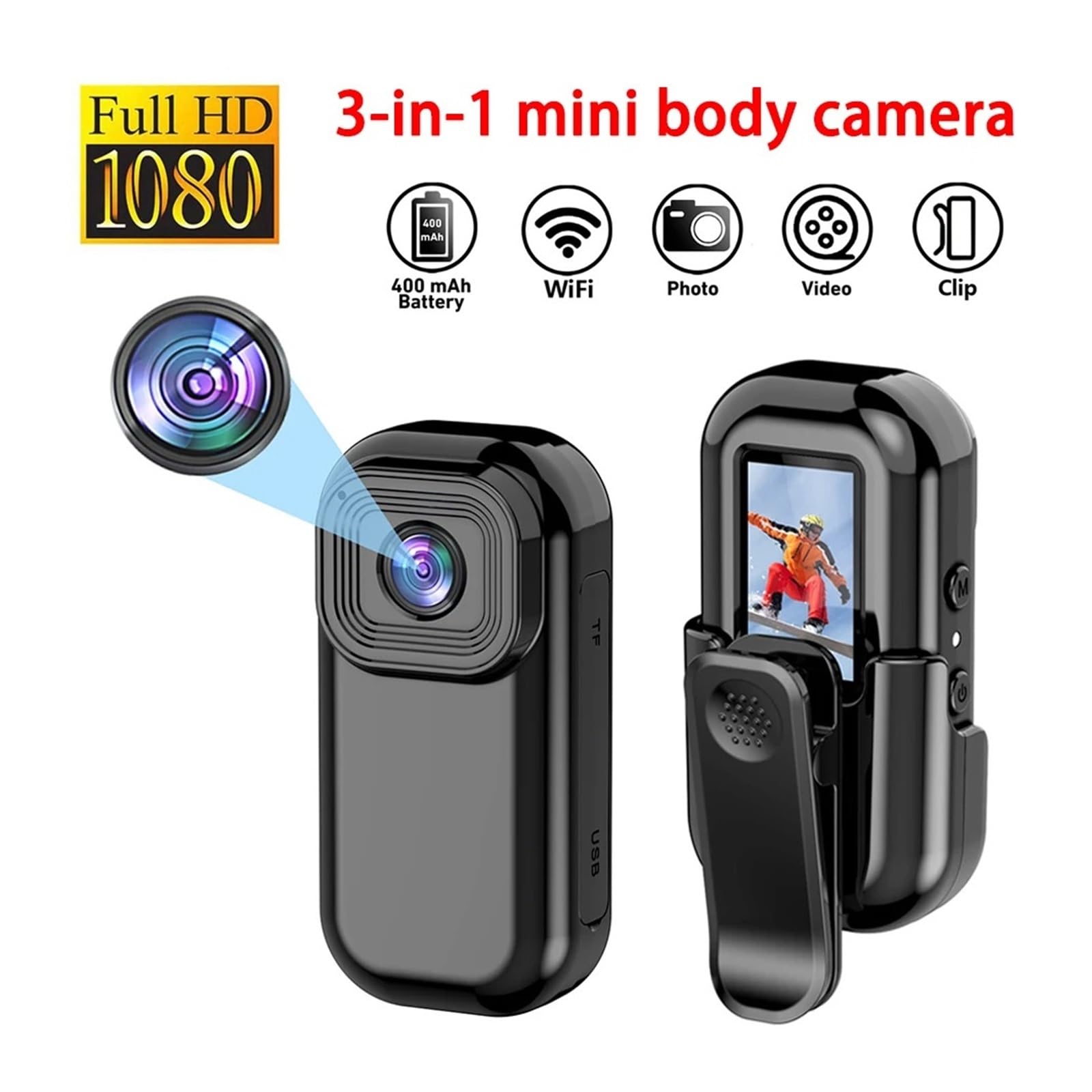 Mini Action Camera 1080P HD Videoregistratore Digitale Body Cam WiFi Action Cam Sportiva Videocamera for Piccola Bici da Esterno Chiarezza Precisa(Cam-8GB)